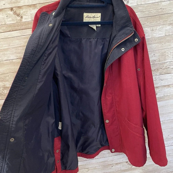 Eddie Bauer Mens S Jacket Red Canvas Coat Navy Lined Full Zipper & Snap Closure - Picture 3 of 12